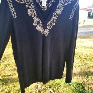 Chico's embroidered black pull over with open v neck.  Long sleeve. Size 2
